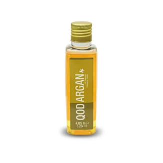 A 120ml bottle of QOD Professional Argan Oil for hair treatment and frizz control.