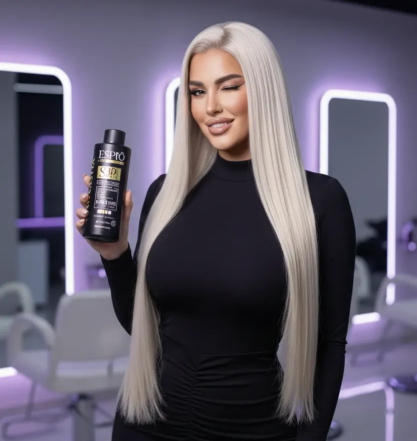 ESPrö Pro Extreme S3D Shine Oxiplastia Hair Mask 2 A stylish model with long, glossy blonde hair holding ESPrö S3D Shine Oxiplastia in a modern UAE beauty salon.