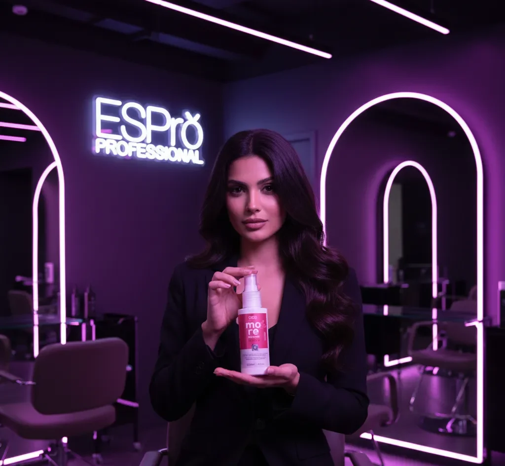 ًQOD More Volume Spray 120ml 1 A beautiful model holding QOD More Volume Spray in a luxury ESPrö Professional salon with lilac neon lighting and modern hair stations.