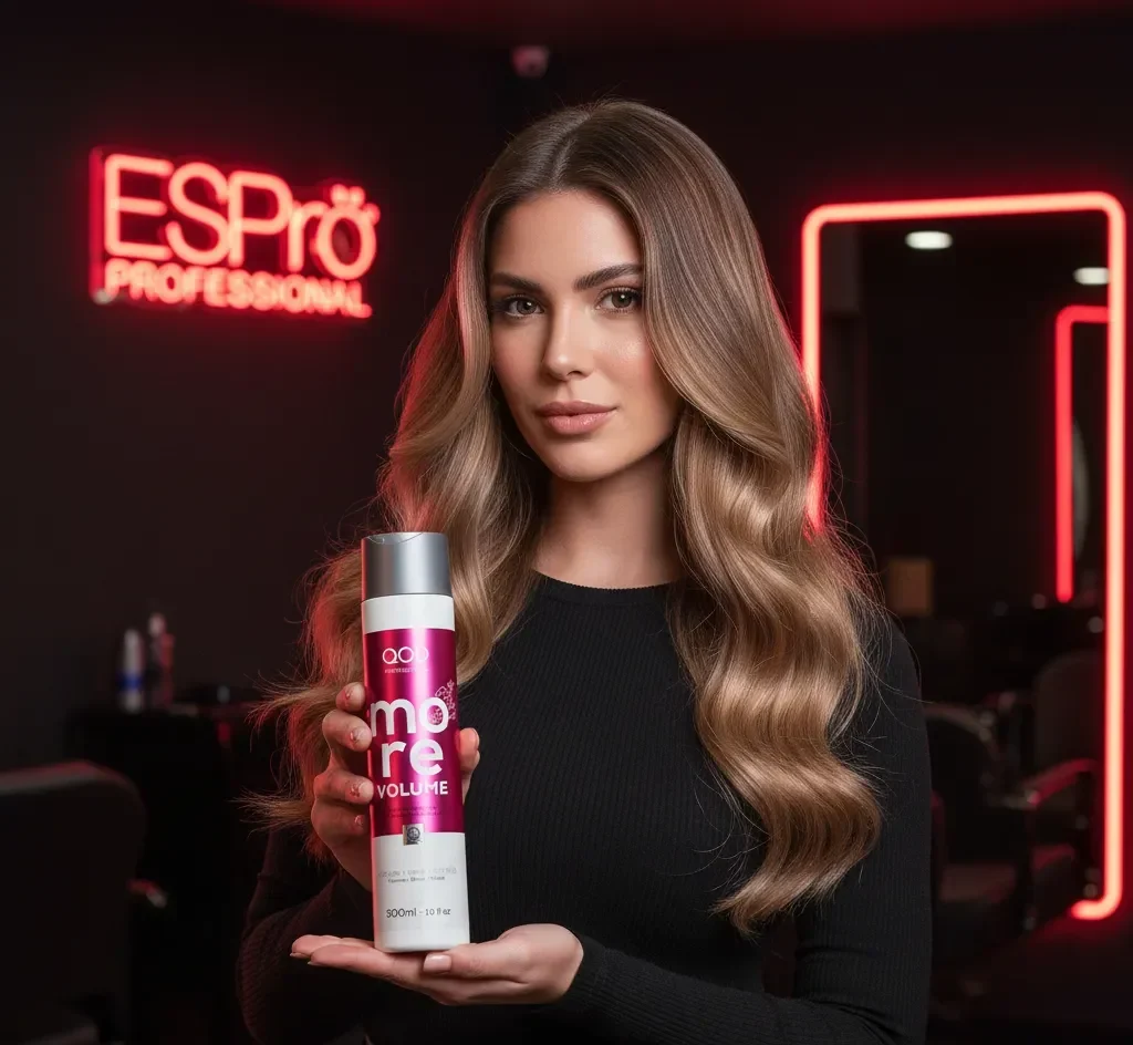 QOD More Volume Conditioner 300ml 1 A professional model with shiny hair holding QOD More Volume Conditioner in a luxury salon with ESPrö branding and magenta neon lights.