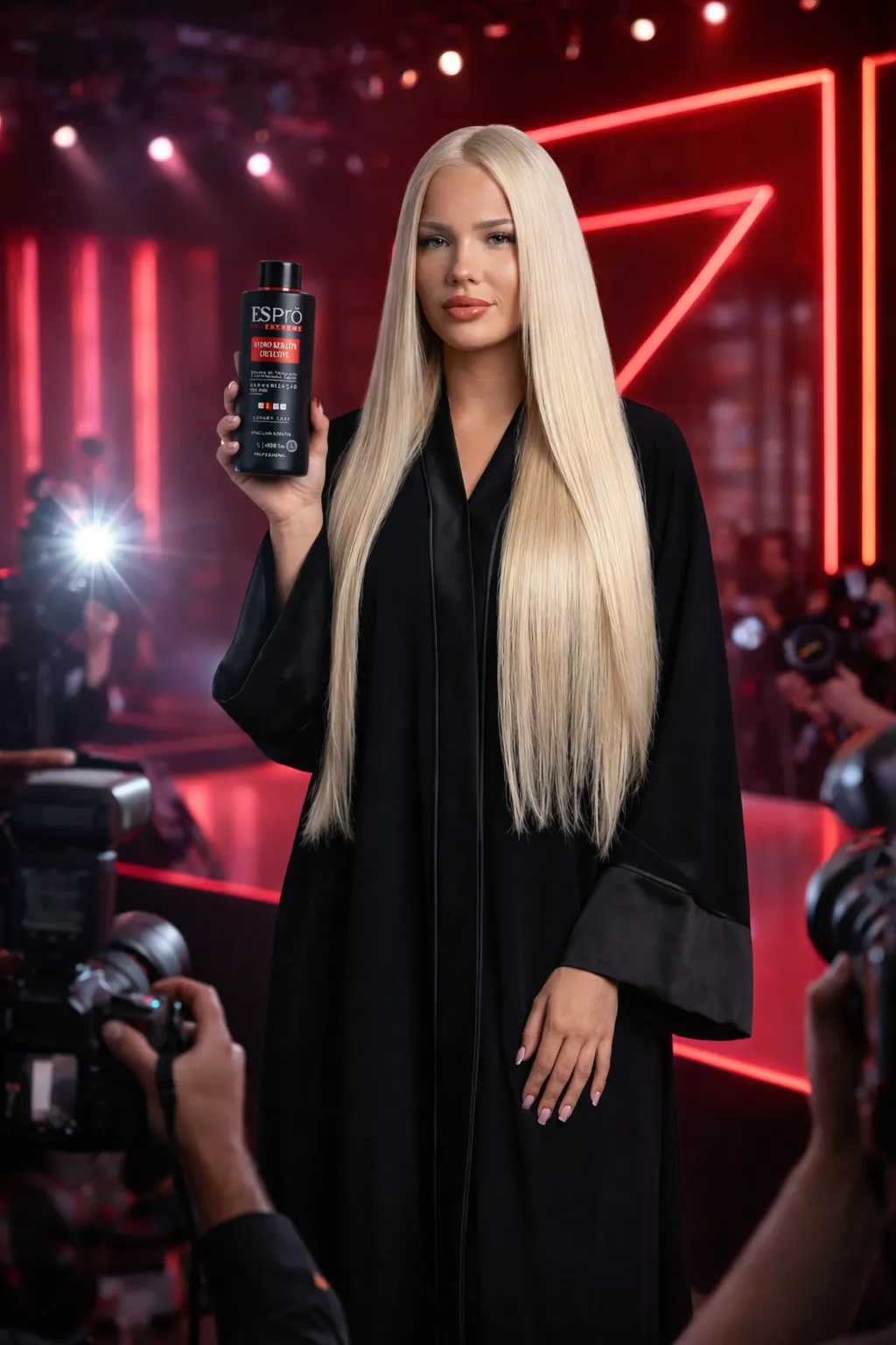 A beautiful model with long, glossy blonde hair holding ESPrö Hydro Keratin Exclusive in a luxury high-end setting in Dubai.