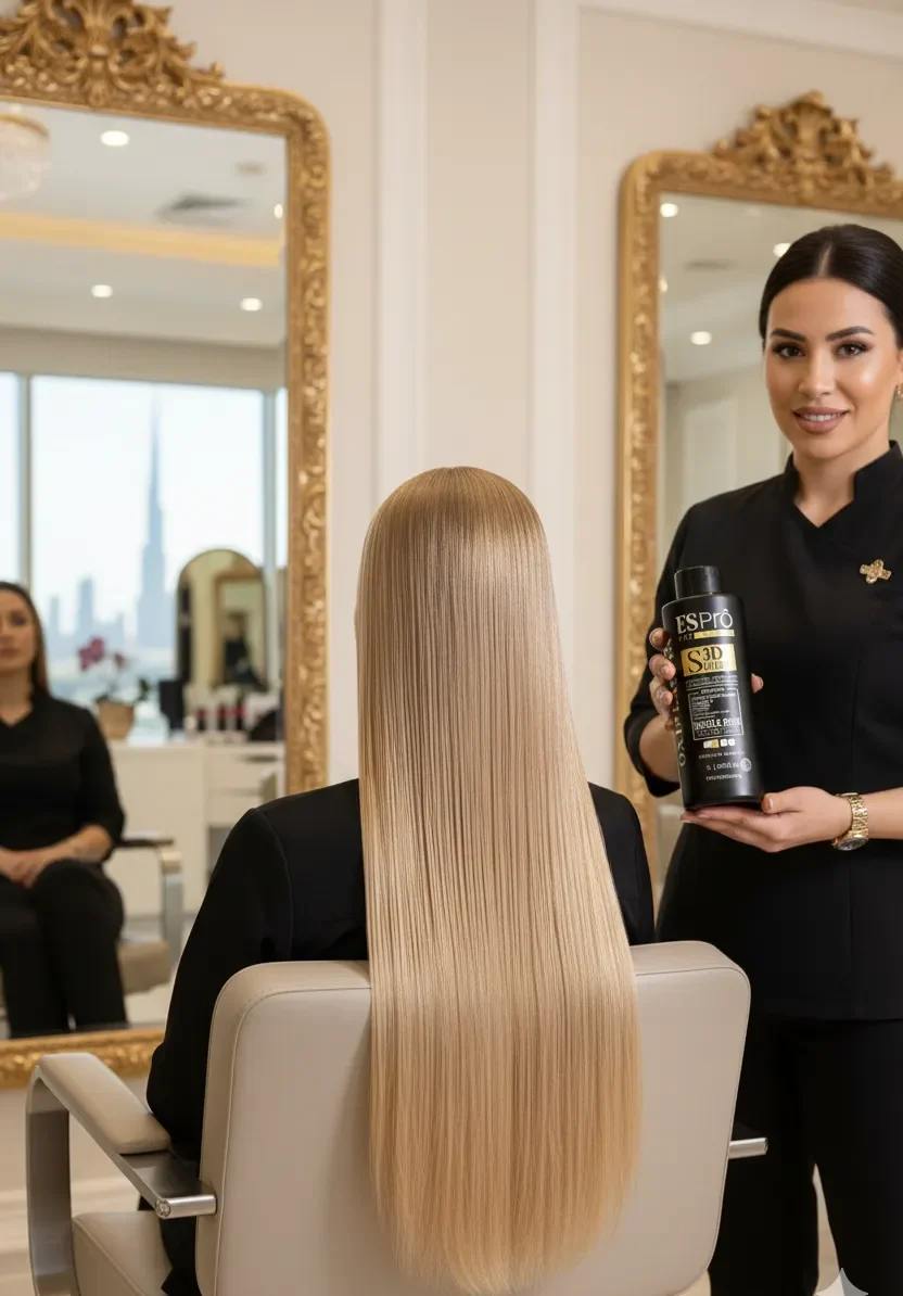 ESPrö Pro Extreme S3D Shine Oxiplastia Hair Mask 1 A professional hair stylist showcasing 100% straight and shiny blonde hair after using ESPrö S3D Shine Oxiplastia in a luxury Dubai salon.