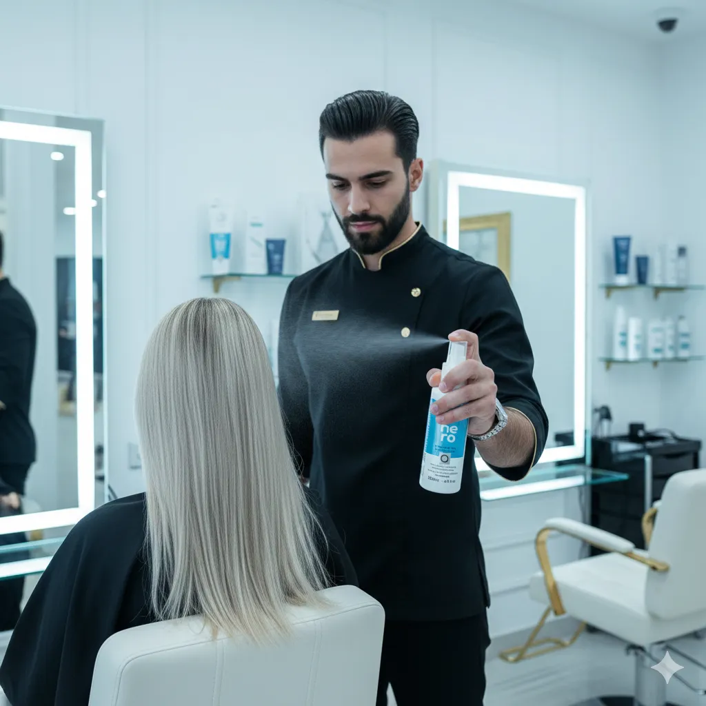 A professional male hair stylist applying QOD Hero Leave-in spray to a female client's long blonde hair in a modern luxury salon in Dubai.