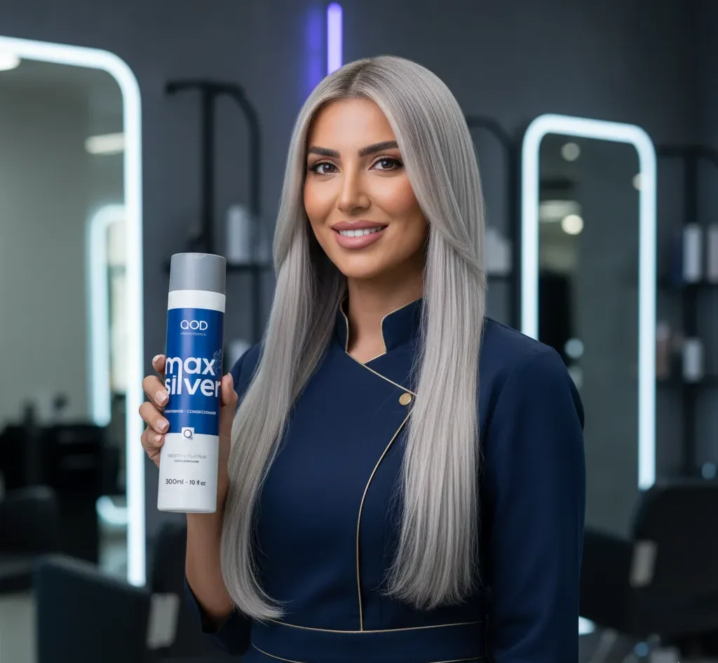 QOD Max Silver Conditioner 1000 ml 1 A professional female hair stylist in a navy blue uniform holding QOD Max Silver Conditioner for blonde hair in a luxury Dubai salon.