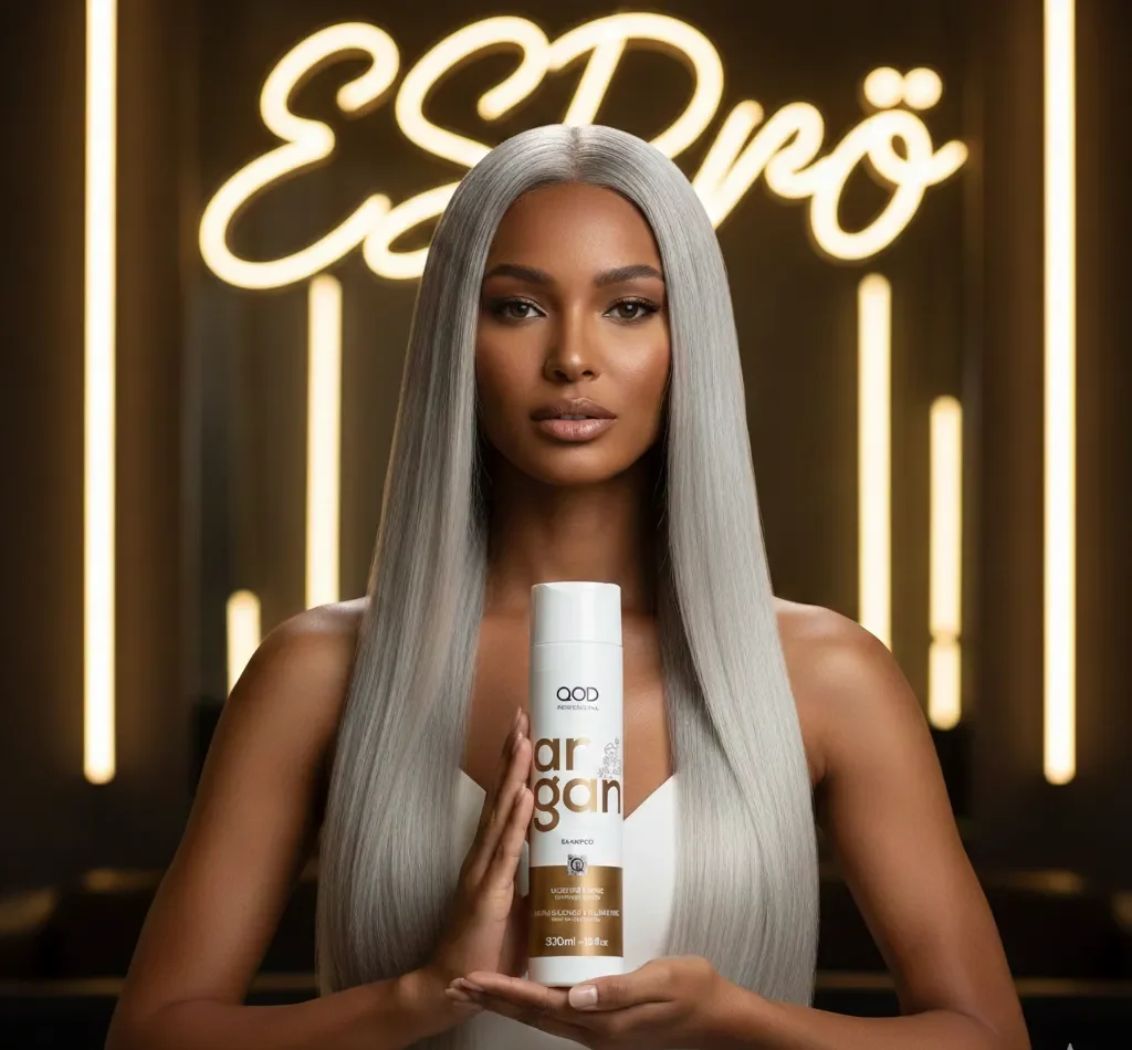 A professional model with long, sleek dark hair presenting the QOD Argan Shampoo 300ml bottle in a premium setting with golden neon ESPrö branding.