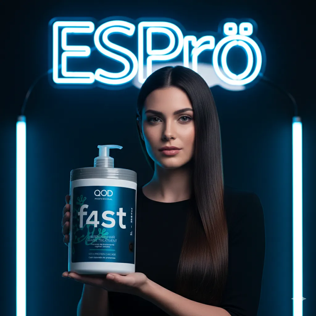 A professional beauty model with long sleek hair holding QOD Fast Hair Mask 1000ml in a luxury studio with blue neon ESPrö branding.