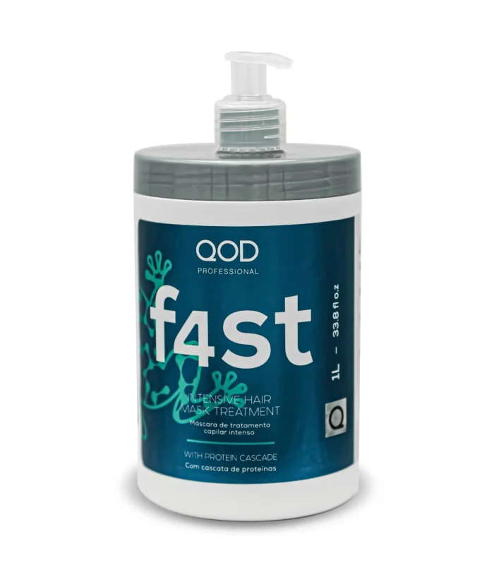 Close-up of QOD Fast Intensive Hair Mask 1000ml bottle with pump, a professional protein-based hair treatment for rapid regeneration.