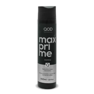 Front view of the QOD Max Prime Shampoo bottle, designed for maintaining straight and shiny hair after professional treatments.