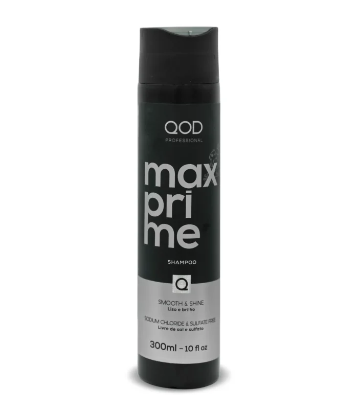 Front view of the QOD Max Prime Shampoo bottle, designed for maintaining straight and shiny hair after professional treatments.