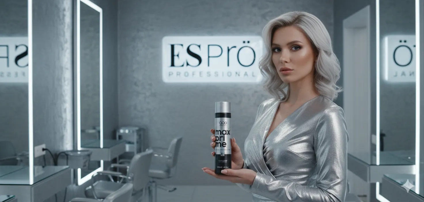 ًًQOD Max Prime Mask 300ml 1 A professional model with wavy platinum hair holding a bottle of QOD Max Prime Mask in a silver-themed luxury hair salon with the ESPrö Professional logo.