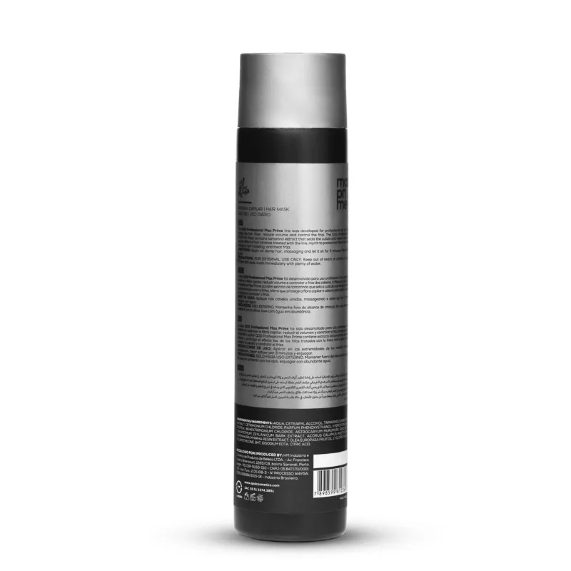 QOD Max Prime Hair Mask Ingredients and Usage Instructions The back of the QOD Max Prime Mask bottle showing the list of ingredients, including Tamarind extract and Murumuru butter, and professional directions for use.