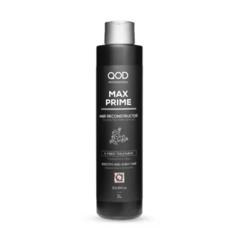 Front view of QOD Max Prime S-Fiber Hair Reconstructor 1000ml bottle, an organic and formaldehyde-free smoothing treatment for professional use.
