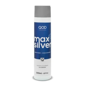 A 300ml bottle of QOD Max Silver Conditioner designed to neutralize yellow tones and maintain platinum hair.