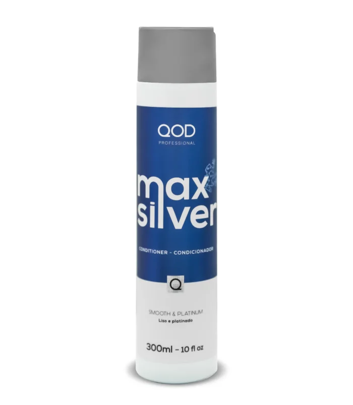 QOD Professional Max Silver Conditioner 300ml A 300ml bottle of QOD Max Silver Conditioner designed to neutralize yellow tones and maintain platinum hair.