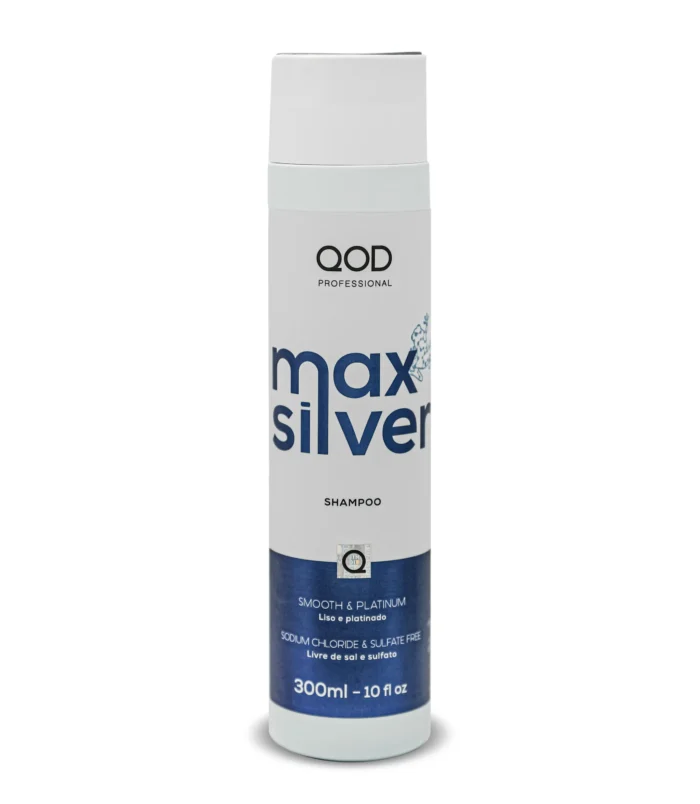 QOD Max Silver Shampoo 300ml – Sulfate-Free Silver Toning Shampoo Front view of the QOD Max Silver Shampoo 300ml bottle, featuring violet pigments for neutralizing yellow tones in blonde and gray hair.
