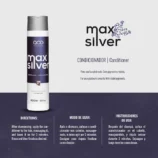 Infographic of QOD Max Silver Shampoo showing directions for use and benefits for platinum smooth hair with violet pigments.