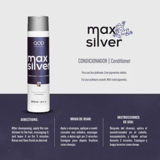 QOD Max Silver Shampoo Information and Directions Infographic of QOD Max Silver Shampoo showing directions for use and benefits for platinum smooth hair with violet pigments.