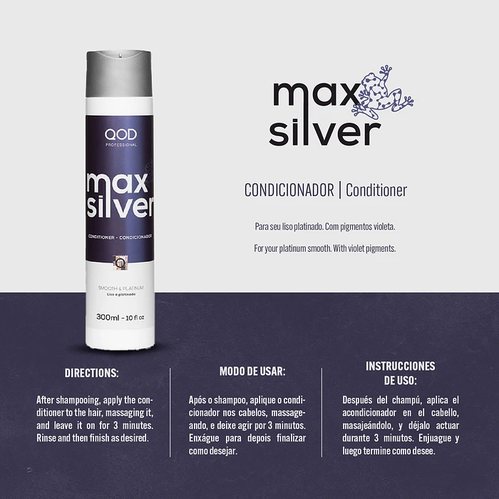QOD Max Silver Shampoo Information and Directions Infographic of QOD Max Silver Shampoo showing directions for use and benefits for platinum smooth hair with violet pigments.