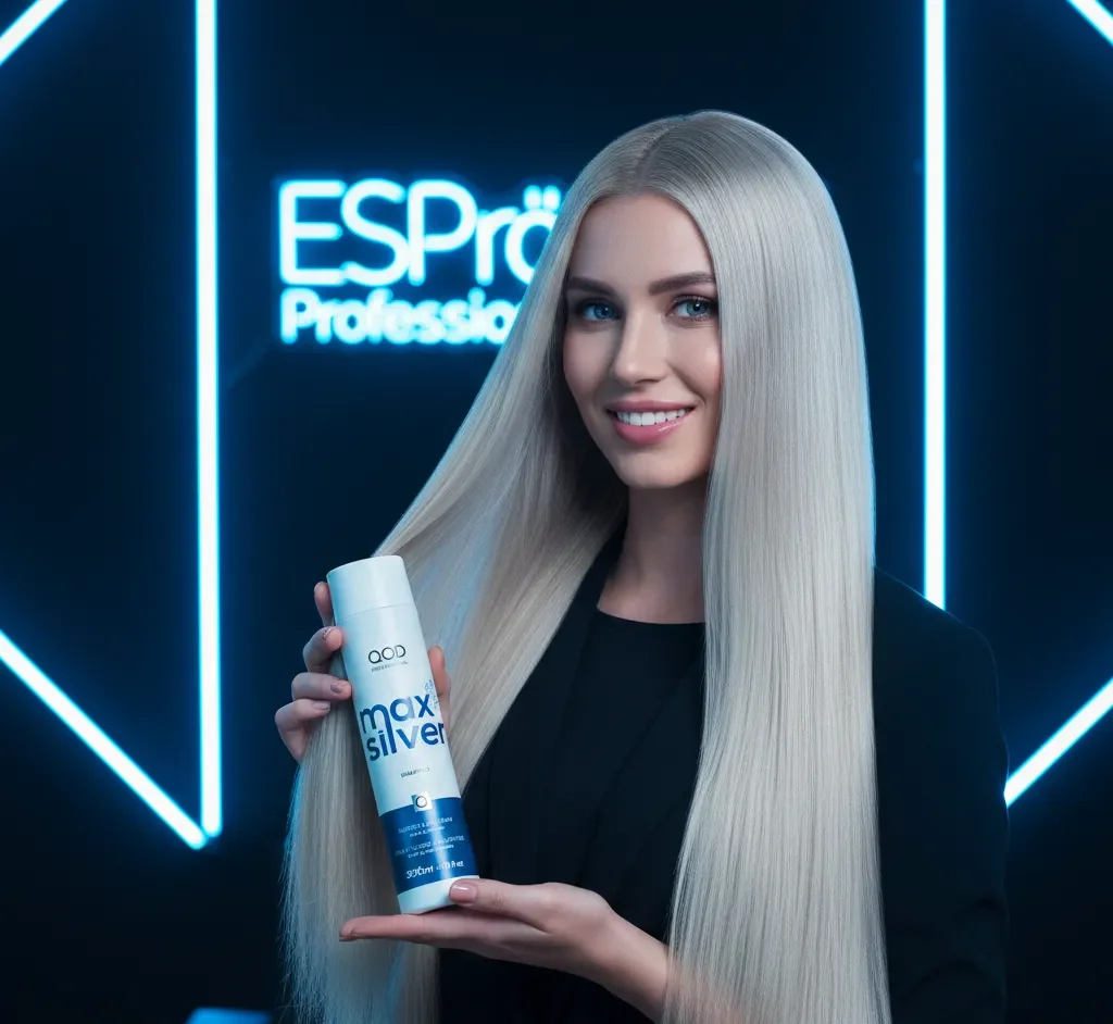 QOD Max Silver Shampoo 300ml 1 A beautiful model with long, straight ice-blonde hair holding a bottle of QOD Max Silver Shampoo in a professional studio with blue neon ESPrö lighting.