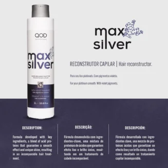 Key Benefits of QOD Max Silver Hair Smoothing System Infographic of QOD Max Silver Treatment explaining its acid protein blend, smooth effect, and violet pigment protection for platinum hair.