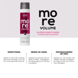 Step-by-step directions for using QOD More Volume Conditioner on damp hair for 3 minutes.