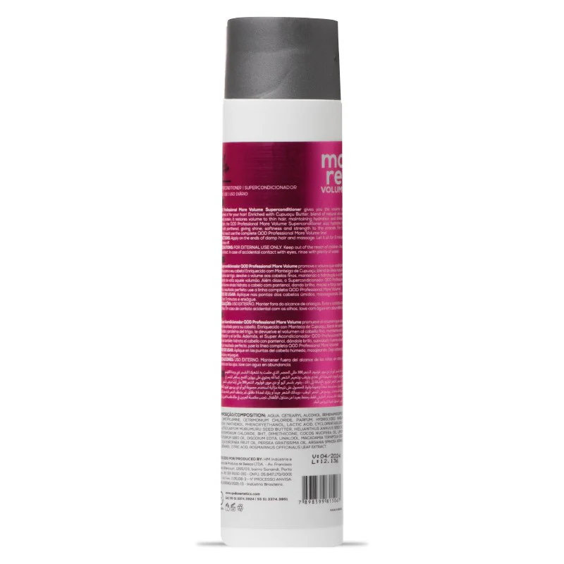 Ingredients and Technical Details of More Volume Conditioner Back label of QOD More Volume Conditioner showing composition with Cupuacu Butter and Panthenol.