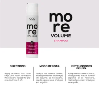 Usage instructions for QOD More Volume Shampoo in English, Portuguese, and Spanish.