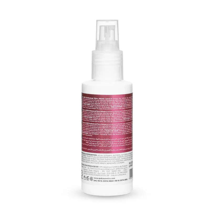 QOD More Volume Spray Ingredients and Usage Details Back label of QOD Professional More Volume Spray 120ml showing ingredients, composition, and manufacturing details.