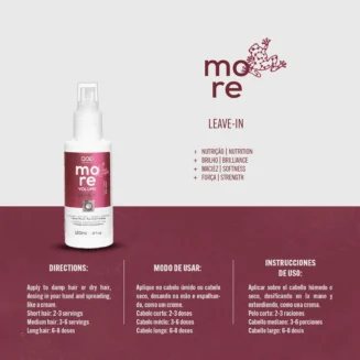 Infographic showing directions for QOD More Volume Spray with recommended doses for short, medium, and long hair in English, Portuguese, and Spanish.