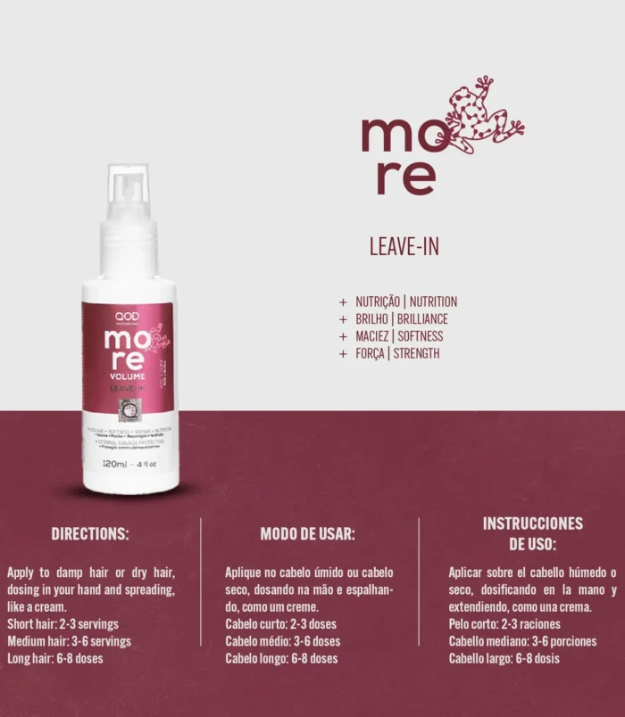 How to Use QOD More Volume Leave-in Spray Infographic showing directions for QOD More Volume Spray with recommended doses for short, medium, and long hair in English, Portuguese, and Spanish.