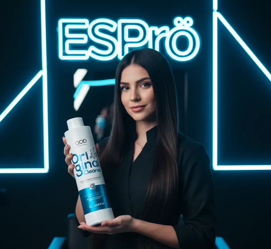 QOD Original Cleans 1L 1 A professional hair stylist in a black uniform holding a bottle of QOD Original Cleanse 1L clarifying shampoo in a luxury salon with blue neon ESPrö branding.