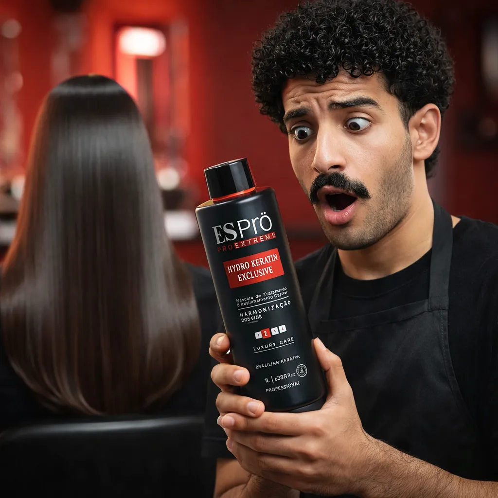 A professional male hair stylist holding ESPrö Hydro Keratin Exclusive, amazed by the extreme shine and straightness of the client's hair.