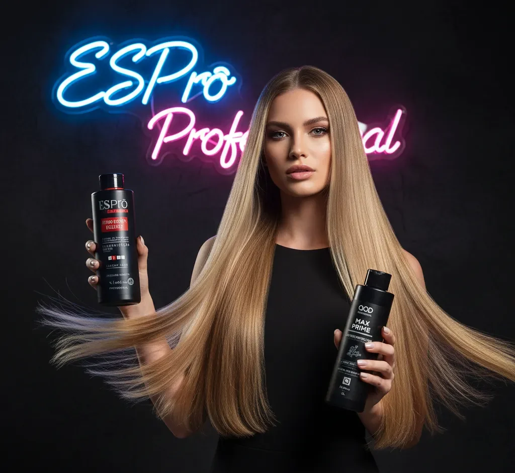 Blonde model holding ESPrö Pro Extreme and QOD Max Prime bottles under neon sign, professional hair smoothing treatment Dubai.ESPrö Company FAQ