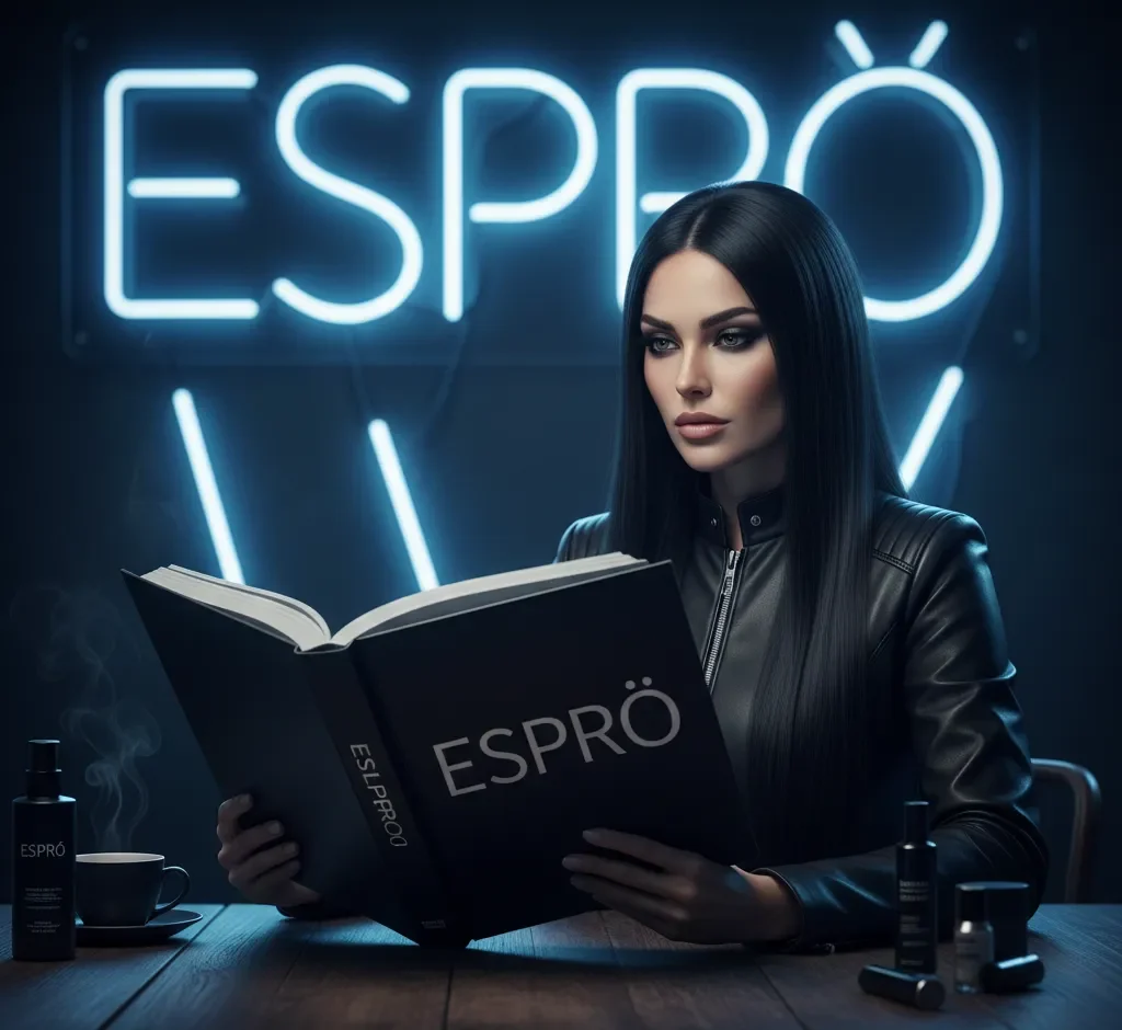 A professional model with long shiny hair reading the ESPrö Hair Health & Maintenance Guide in Dubai under blue neon lights.